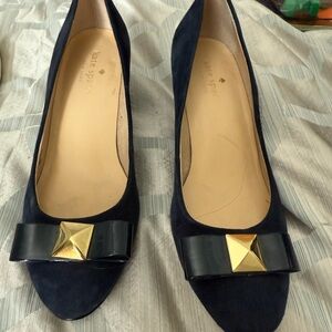 Kate Spade Navy Suede Heels with Gold Bow Accent